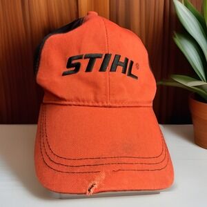 Stihl Chainsaws Adjustable Hat Baseball Cap Blaze Orange‎ Black Distressed